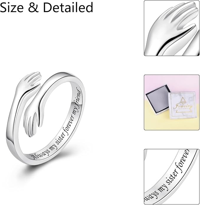 S925 Sterling Silver Hug Rings for Women Teen Girls Adjustable Ring for Granddaughter Daughter Hope Promise Friendship Hand Ring Jewelry for Birthday Graduation Christmas Mothers Day Valentines Gifts