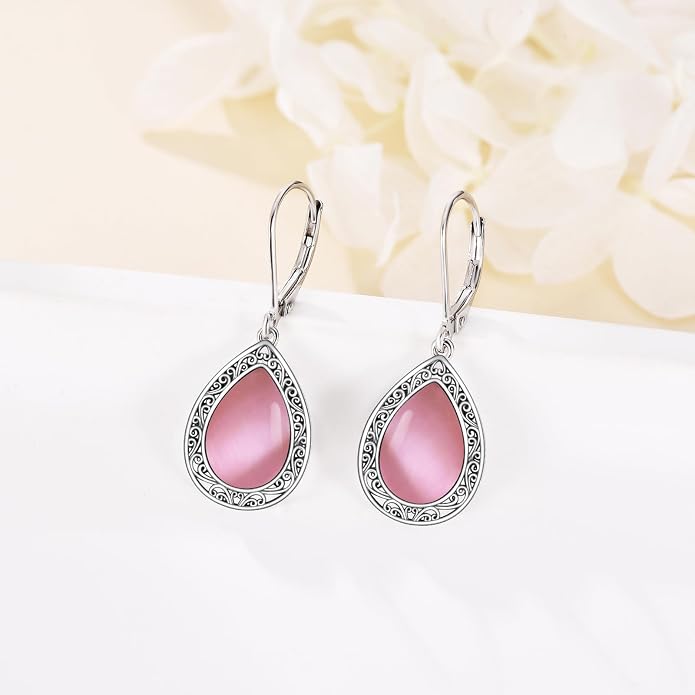 Moonstone/Lapis Lazuli/Peridot/Amethyst/Pink Teardrop Earrings for Women Sterling Silver Filigree Dangle Earrings Leverback Earrings Jewelry Gifts for Women