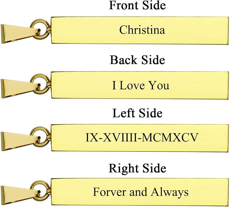 PiercingJ 4 Side Engraving Personalized Custom Message Name Bar Necklace Stainless Steel Pendant Chain for Men Women Valentine's Day Gift Box