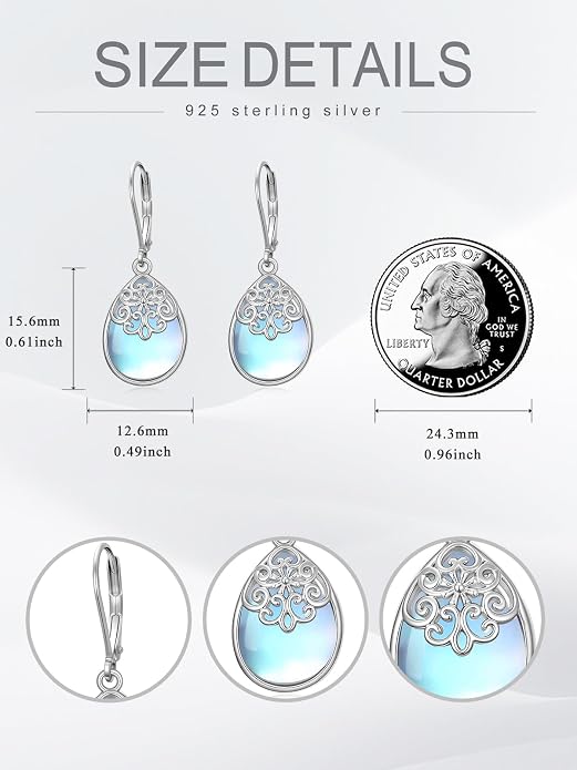 Dorunmo Moonstone Dangle Drop Earrings s925 Sterling Silver Leverback Earrings Filigree Moonstone Jewelry Birthday Gifts for Women