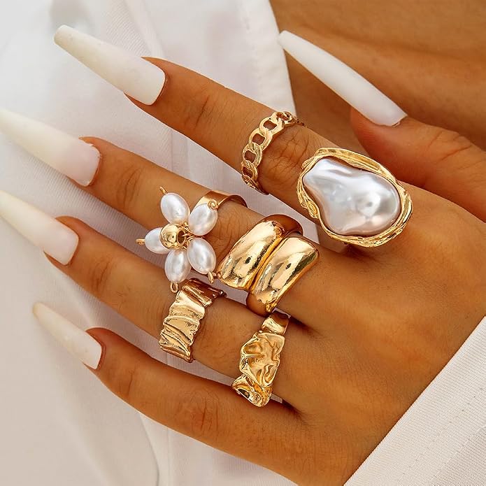 Chunky Gold Irregular Rings Stack Set for Women Statement Baroque Pearl Flower Stackable Knuckle Finger Ring Non Tarnish Boho Hammered Jewelry Gifts