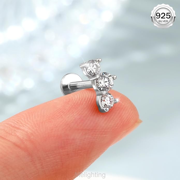Melighting 16G Curved Helix Earring, Sterling Silver 925 Tragus Conch Stud Internally Threaded, Clear Marquise Round CZ Flat Back Lobe Labret Cartilage Piercing Jewelry for Women 6/8 mm