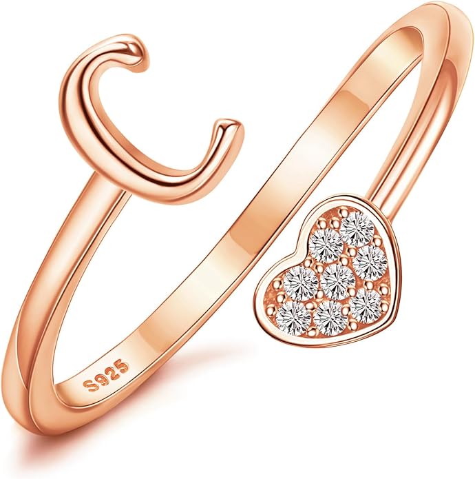 MILACOLATO 925 Sterling Silver Initial Rings for Women Teen Girl 18K Gold Plated Heart Initial Rings Adjustable Capital Letter Ring Stackable Thumb Pinky Rings for Daughter Birthday Bridesmaid Gifts Jewelry, A to Z