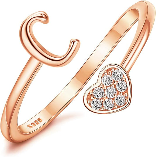 MILACOLATO 925 Sterling Silver Initial Rings for Women Teen Girl 18K Gold Plated Heart Initial Rings Adjustable Capital Letter Ring Stackable Thumb Pinky Rings for Daughter Birthday Bridesmaid Gifts Jewelry, A to Z