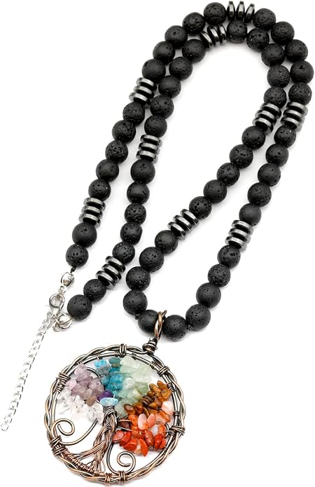 ElisaJewelryArt - Natural Labradorite Big Tree Of Life Black Lava Stone Beaded Necklace Genuine Gemstone Energy Stone Clasp Closure Necklace Unisex Necklace