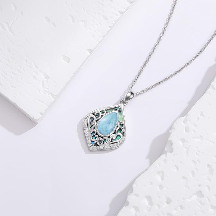 HPQQ Filigree Gemstone Necklace 925 Sterling Silver Teardrop Bohemian Necklace Abalone Shell Jewelry Birthday Gifts for Women