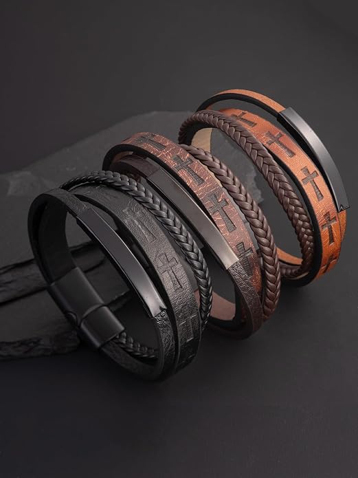 Mens Leather Cross Bracelet Multilayer Braided Wristband Bangle Bracelets with Stainless Steel Buckle Religious Gift for Men Brown/Black/Blue–8.3 inch