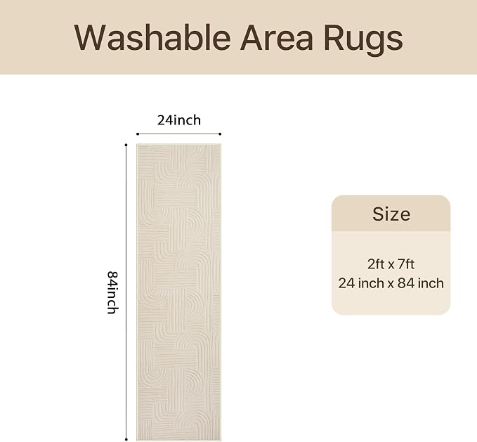 GENIMO Soft 2x7 Washable Runner Rug Non Slip, 3D Modern Arch Pattern Hallway Runner, High-Low Pile Textured Non Slip Fuzzy Carpet, Non-Shedding Stain Resistant Beige Rugs for Entryway Bedroom Laundry
