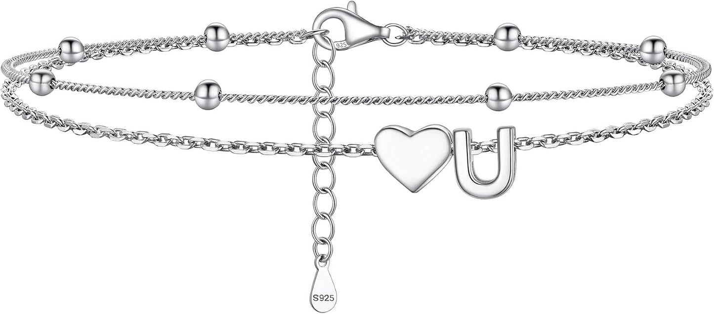 PROSILVER Ankle Bracelets for Women S925 Sterling Silver Anklets for Women Waterproof, Dainty Layered Heart Anklet, Beach Initial Anklet for Summer, Letter A-Z