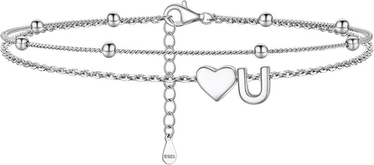 PROSILVER Ankle Bracelets for Women S925 Sterling Silver Anklets for Women Waterproof, Dainty Layered Heart Anklet, Beach Initial Anklet for Summer, Letter A-Z