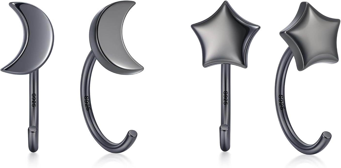 CHIC & ARTSY 925 Sterling Silver Half Hoop Earrings for Women, Small Huggie Hoops Set with Ball Bar Star Moon Cross & Pearl, Lightweight Comfort Fit Everyday & Sleep Earrings