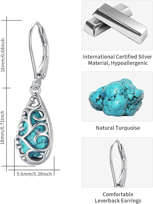BDL Genuine Turquoise Jewelry for Women, Sterling Silver Earrings and Necklaces for Women, Leverback Dangle Drop Earrings Jewelry