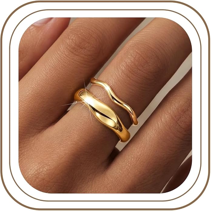 Gold Rings for Women Men Non Tarnish, Waterproof Chunky 14K Gold Plated Dainty Stackable Rings Trendy Statement Pinky Thumb Rings Engagement Eternity Wedding Band Ring Stacking Gold Jewelry Size 3 4 5 6 7 8 9 10 11
