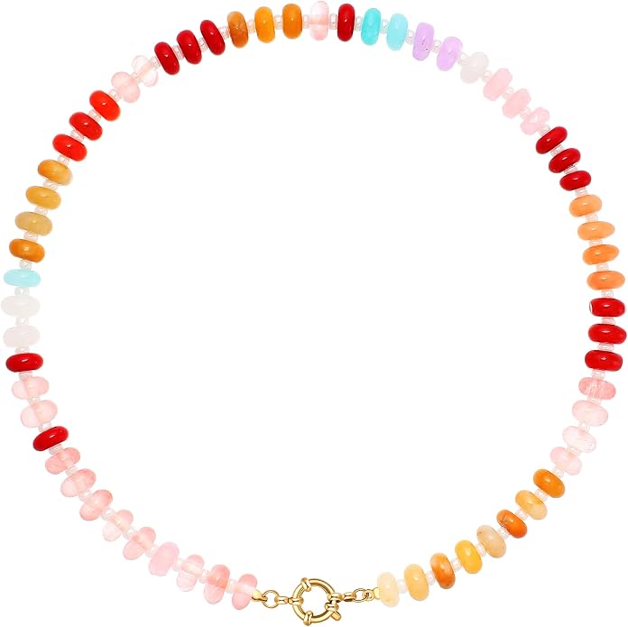 LALAPPLE Colorful Beaded Gemstone Necklace for Women, Boho Rainbow Bead Choker with Natural Stone Crystal Beads, Handmade Summer Beach Necklace Jewelry