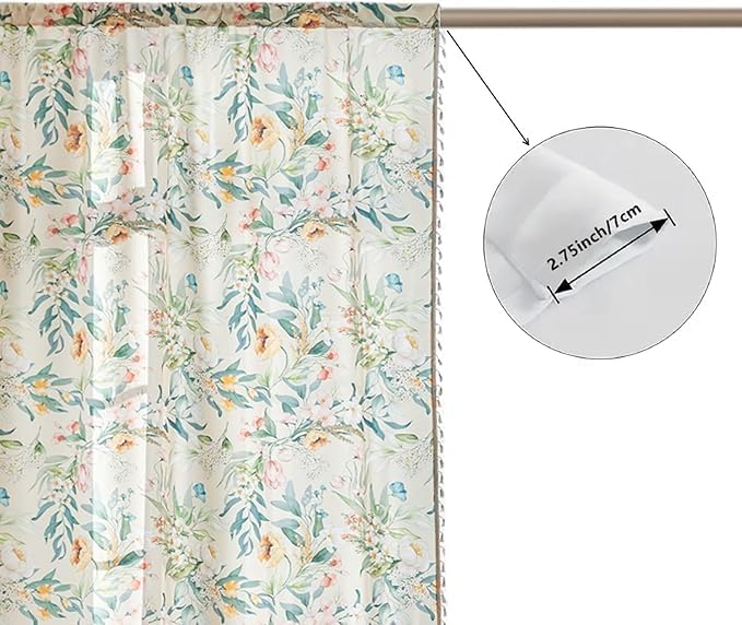 Boho Floral Curtains French Country Farmhouse Curtains 72 Inches Long Light Filtering Window Rod Pocket Drapes for Living Room 2 Panels-Green Flor