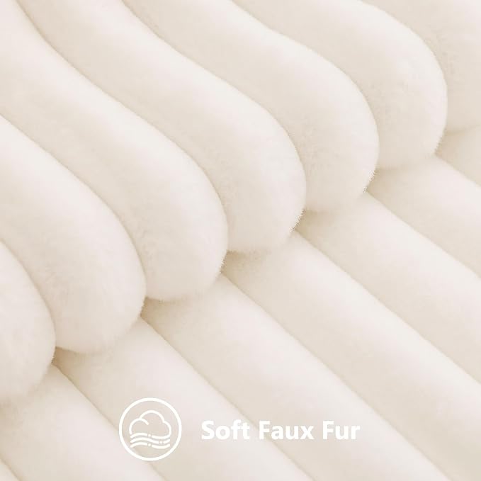 decorUhome Fall Faux Fur Throw Pillow Covers 22x22 Set of 2 Cream White | Decorative Soft Cozy Striped Plush Modern Farmhouse Boho Couch Pillow Cases Velvet Back for Sofa Bed Living Room Home Decor