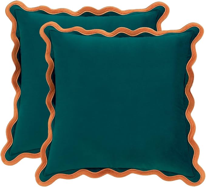 MONDAY MOOSE Decorative Throw Pillow Covers Cushion Cases, Set of 2 Soft Velvet Scalloped Wavy Edge Designs, Mix and Match for Home Decor, Pillow Inserts Not Included (20x20 inch, Coral/Dark Teal)