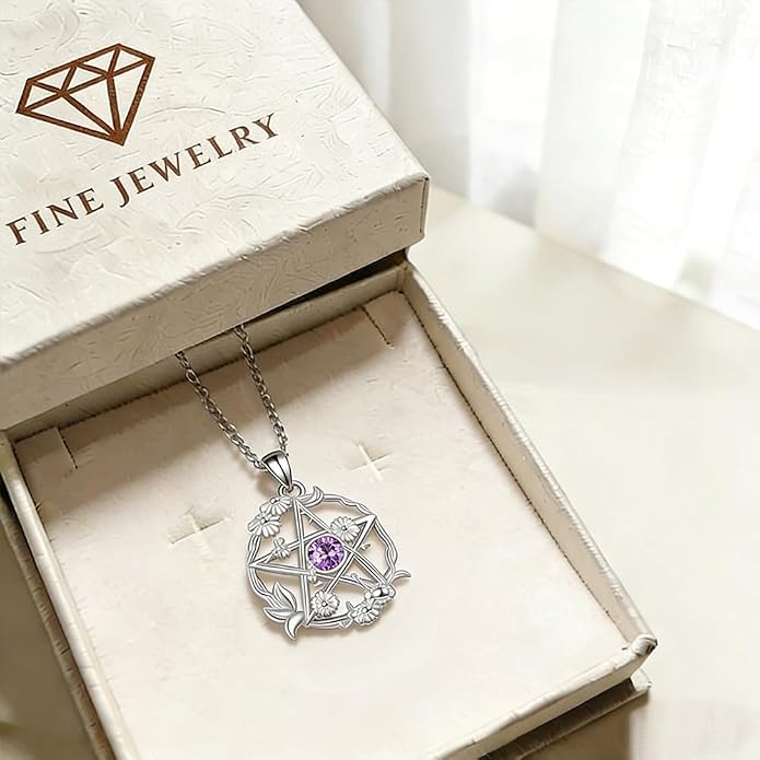Birthstone Pentagram Necklace for Women 925 Sterling Silver Pentacle Daisy Pendant Pentacle Jewelry Birthday Gifts