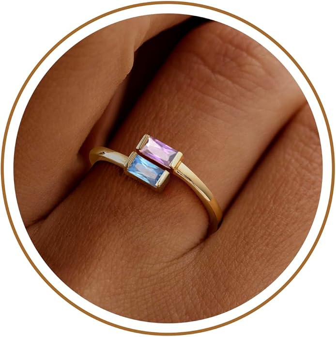 JSJOY Birthstone Rings for Women Dainty Emerald Blue Ring Birthday Gifts for Mom Her Gemstones CZ Ring for Teens Gold Rings That Don't Tarnish Adjustable Ring Jewelry Gifts