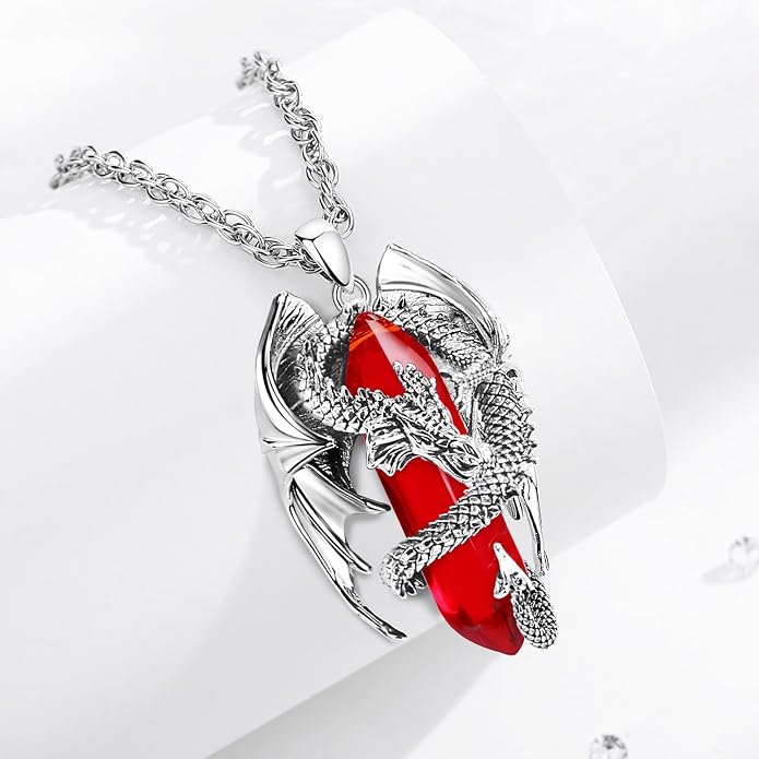 INFUSEU Unique Dragon Necklaces with Healing Crystal Stone for Men Women, Personalized Spiritual Gifts, 24 Inch Chain