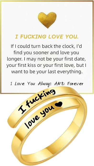 I Fcking Love You Ring, Stainless Steel Engraved Inspirational Words Heart Open Adults Women Vintage Promise Rings Lover Wife Jewelry