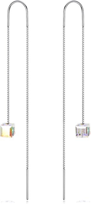 AOBOCO Heart/Butterfly/Cube Threader Dangle Drop Earrings - 925 Sterling Silver Long Chain Earring for Women Baroque Hook Drop Earrings Crystals from Austria