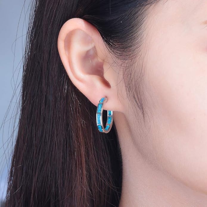 CiNily Sterling Silver/Rose Gold/Yellow Gold Plated Hoop Earrings 20mm,Multicolor Opal Small Hoop Earrings for Women Girls Hypoallergenic Jewelry for Sensitive Ears Gemstone Earrings