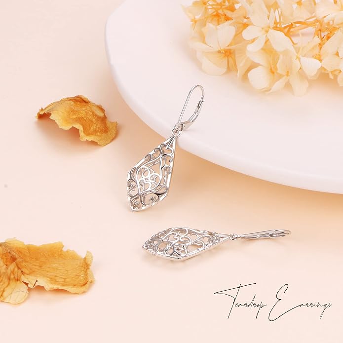 Sterling Silver Leverback Dangle Earrings for Women Teardrop Filigree 14K Gold Plated Dangly Earrings Mother’s Day Gift