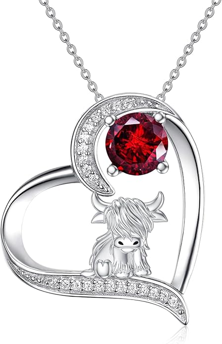 Highland Cow Gifts for Women 925 Sterling Silver Highland Cow Birthstone Necklace Fluffy Cow Jewelry Gifts Birthday Christmas