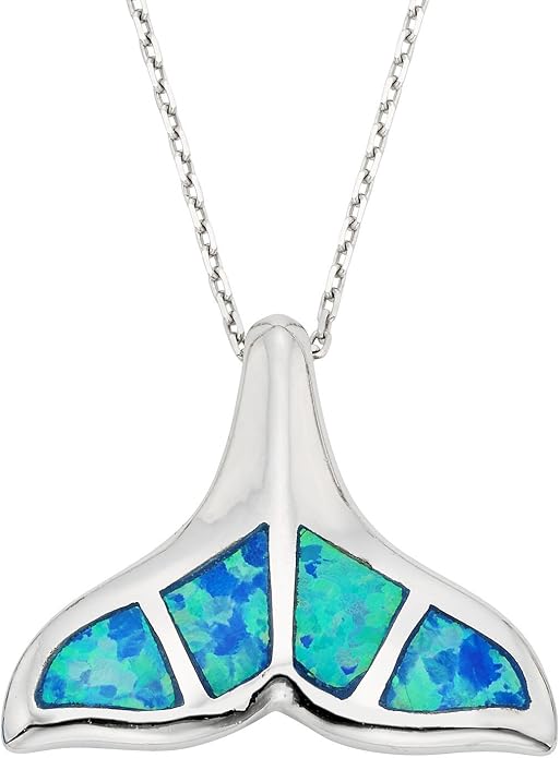 Created Blue Opal Ocean Necklace for Women, 925 Sterling Silver Pendant, 18 Inch Chain, Beach and Sea Life Jewelry Collection