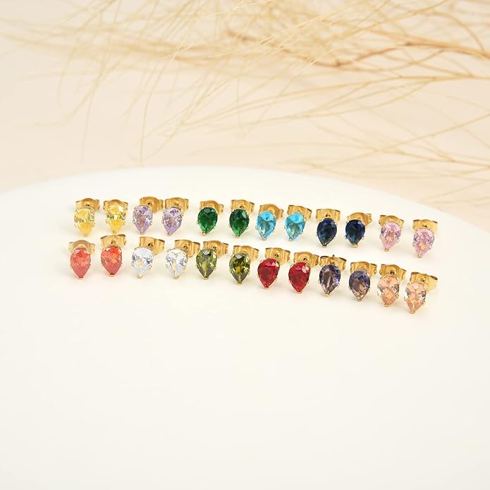 12 Pairs Surgical Stainless Steel Stud Earring Round Heart Star Square Cubic Zirconia Birthstone Stud Earrings Set for Women
