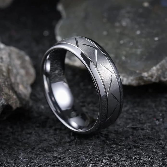 King Will Classic Tungsten Carbide Ring Brushed Two Grooved Center Hammered Design Mens Wedding Band for Men