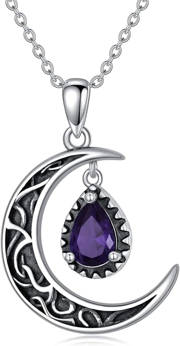 VONALA Crescent Moon Necklace Sterling Silver Emerald/Red/Purple/Black/Rainbow Topaz/Green/Aquamarine/Blue/Moss Agate Celtic Moon Teardrop Necklace Celtic Jewelry Gifts for Women Birthday