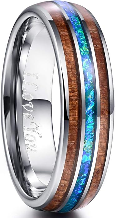 Vakki 6mm/8mm Tungsten Rings for Men Hawaiian Koa Wood Inlay Dome Abalone Shell/Blue Center Wedding Bands Comfort Fit Size 4 to 17