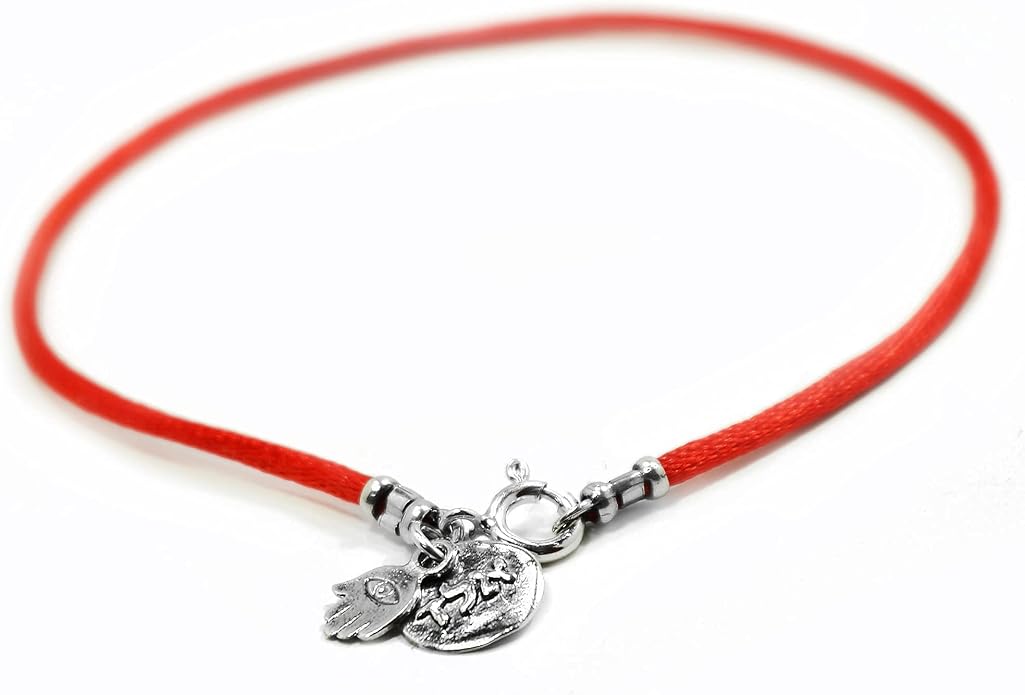 Red Protection & Positive Energy Anklet for Women on Silk String - Sterling Silver Coin Charm & Hamsa Hand Ankle Bracelet for Protection - 9.5" Length with Spring Ring Clasp