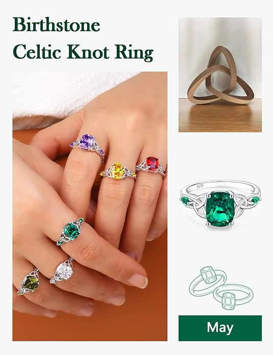 925 Sterling Silver Birthstone Rings for Women Cushion Cut Engagement Celtic Knot Ring Irish Jewelry Created Gemstone Anniversary Rings Size 6-10(with Box)