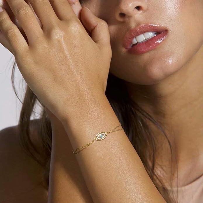 Dainty Gold Bracelets for Women, 14K Gold Plated Adjustable Layered Beads Bracelet Cute Evil Eye Oval Chain Pearl Bar Turtle Gold Bracelets for Women Jewelry