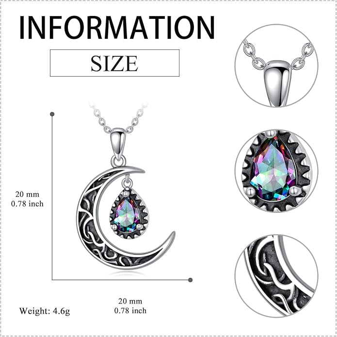 VONALA Crescent Moon Necklace Sterling Silver Emerald/Red/Purple/Black/Rainbow Topaz/Green/Aquamarine/Blue/Moss Agate Celtic Moon Teardrop Necklace Celtic Jewelry Gifts for Women Birthday