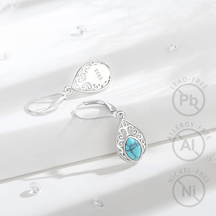 Vito 925 Sterling Silver Teardrop Earrings for Women, Moonstone Turquoise Drop Dangle Earrings Cat Snake Turtle Tree of Life Leverback Earrings Boho Jewelry Gift for Mom Wife
