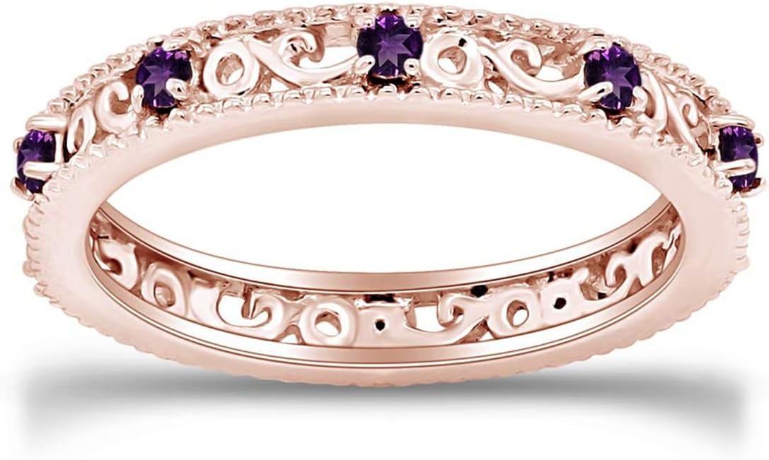 Jewel Zone US Filigree Eternity Wedding Band Ring for Women, Round Cut Simulated Gemstone Stackable Promise Ring in 14K Gold Plated 925 Sterling Silver Band Width 3.5mm – Elegant Jewelry for Her