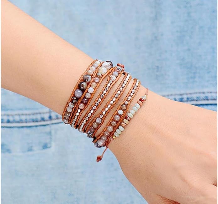 Boho Wrap Bead Bracelet for Women - Handmade Adjustable Natural Stone Beaded Bracelets Yoga Healing Bracelet Bangle Hippie Jewelry