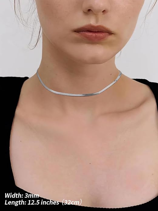 FindChic Black/14K Gold Plated Herringbone Choker Chain Necklace for Women | Waterproof Stainless Steel, Dainty Layering, Flat Snake Chain, Non-Tarnish, Hypoallergenic, Adjustable Extender, Gift Box