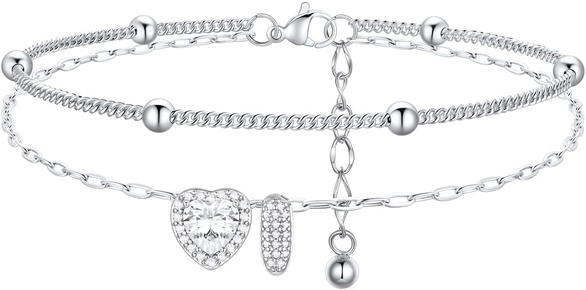 FindChic Silver/14K Gold Plated Layered CZ Initial Ankle Bracelet for Women | Waterproof Stainless Steel, Cubic Zirconia Letter Charm, Non-Tarnish, Hypoallergenic, Adjustable Extender, Summer Jewelry