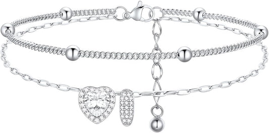 FindChic Silver/14K Gold Plated Layered CZ Initial Ankle Bracelet for Women | Waterproof Stainless Steel, Cubic Zirconia Letter Charm, Non-Tarnish, Hypoallergenic, Adjustable Extender, Summer Jewelry