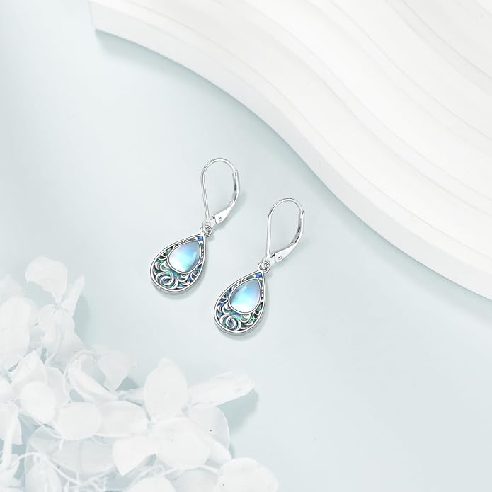 POPLYKE Filigree Moonstone Dangle Earrings 925 Sterling Sliver Teardrop Celtic Earrings Abalone Shell Filigree Jewelry for Women
