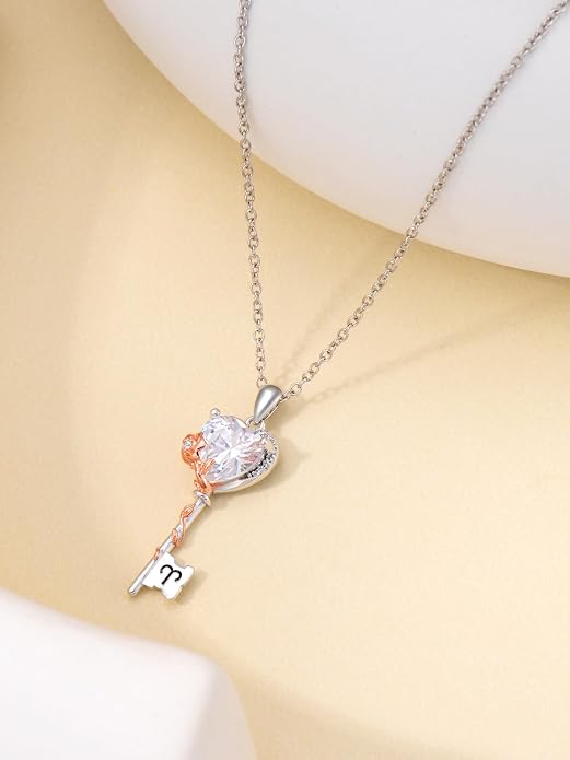 OCJ Zodiac Necklace for Women 925 Sterling Silver Rose Flower Key Pendant Necklaces Zodiac Birthstone Jewelry Wife Birthday Anniversary Christmas Gifts for Her