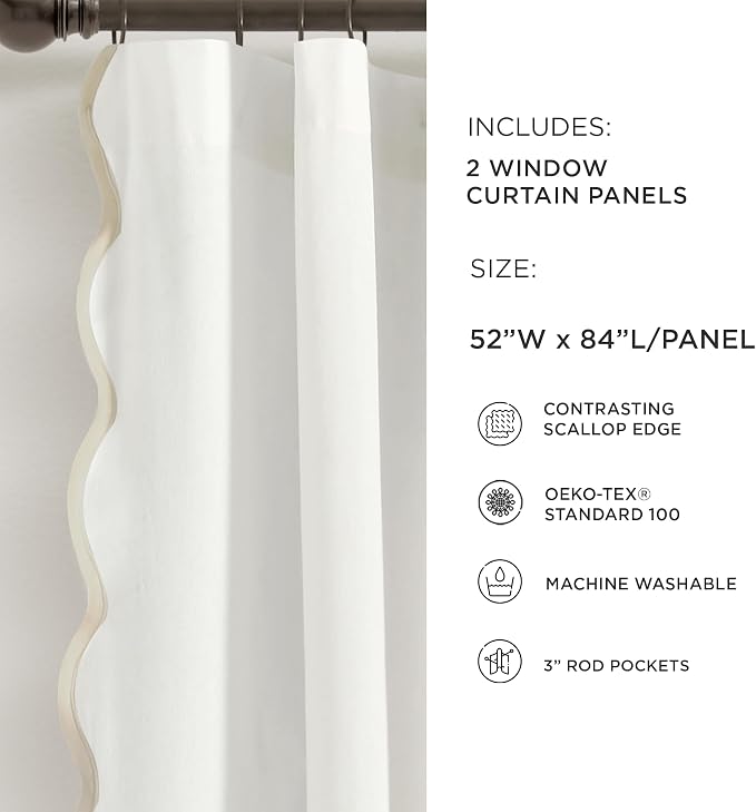 Lush Decor Coastal Chic Scalloped Edge Light Filtering Window Curtain Panels Pair, 52" W x 84" L, Neutral & White - White Curtains for Living Room - Coastal Decor (Pack of 8)