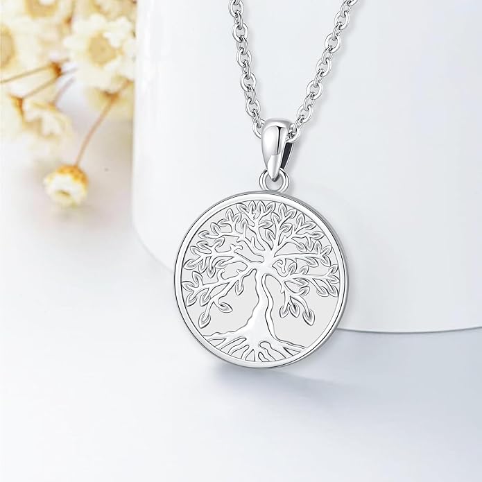 Aniu Tree of Life Necklace for Women, 925 Sterling Silver Mother of Pearl Family Palm Tree Charm Pendant Jewelry for Birthday Christmas Gift