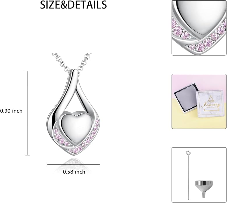 Cremation Jewelry 925 Sterling Silver Teardrop Urn Necklace for Ashes Heart Shape Memorial Keepsake Pendant for Human Ashes for Women Gift