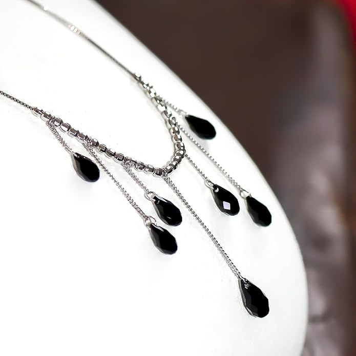 925 Sterling Silver Handmade Crystals Rain Drop Tassel layered Pendant Boho necklace statement Chandelier shape Lobster Clasp Length Choker 18"+2" Ideal Gift for Women Ladies Dress accessories.